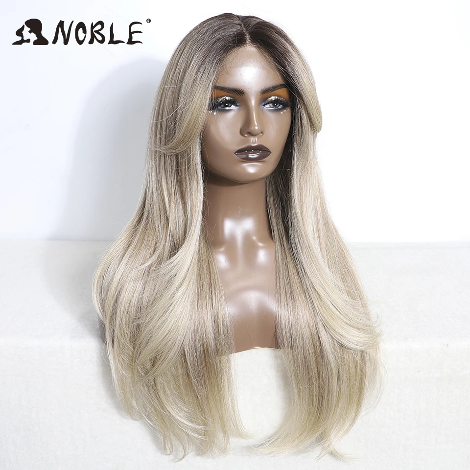 Noble วิกผมสังเคราะห์ลูกไม้ด้านหน้าด้านหน้า 26 "ตรง Ombre วิกผมลูกไม้คอสเพลย์วิกผมสีขาววิกผมสีบลอนด์สําหรับผู้หญิงวิกผมลูกไม้วิกผมสังเคราะห์