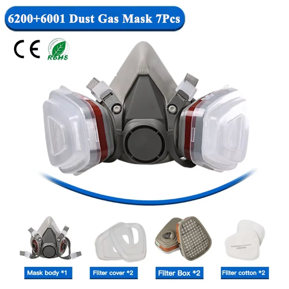 6200 Maschera antipolvere e antigas a mezza faccia con occhiali protettivi antiappannamento e filtri respiratori per verniciatura, spruzzatura e lavori di sicurezza