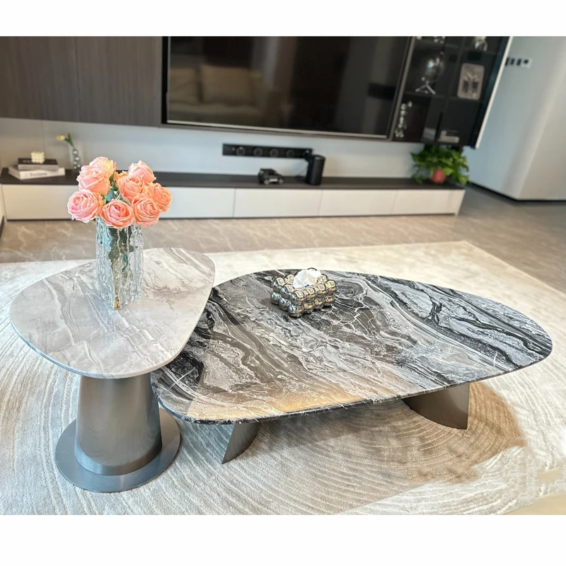 Mesa de centro redonda de mármore natural de design para sala de estar, escritório, mesa central oval com base de metal de luxo moderna