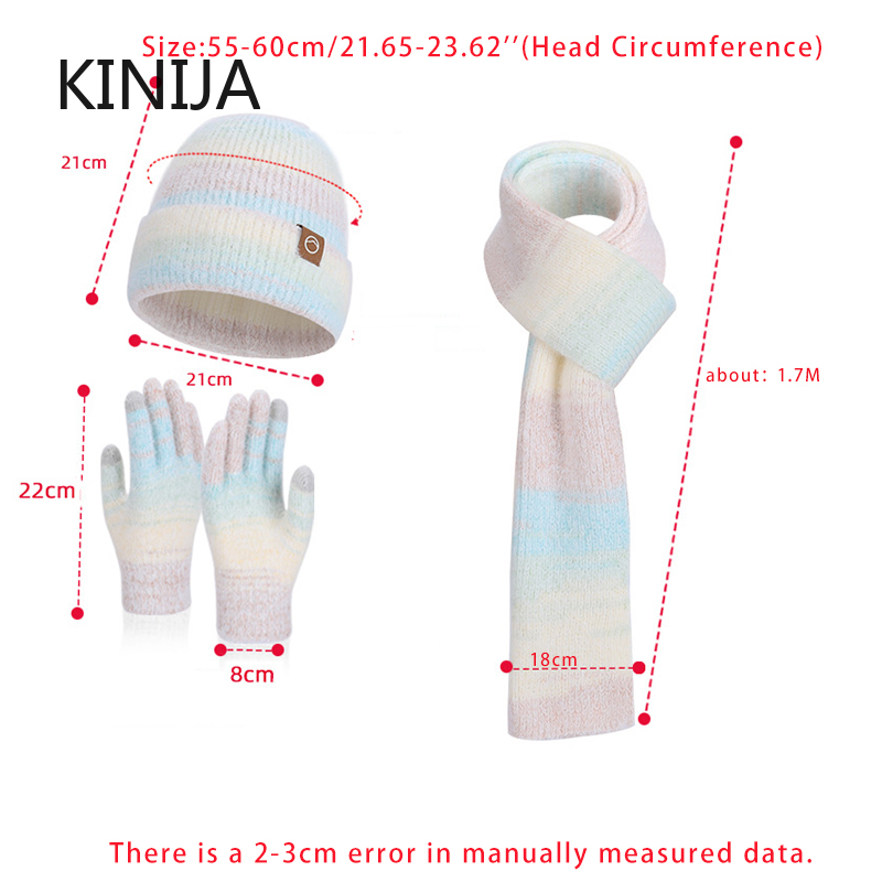Winter Cap Gloves Scarf Set Women GradientColor Knitted Hat Thickened Fleece Lining Skullcap Outdoor Cycling Windproof Beanies