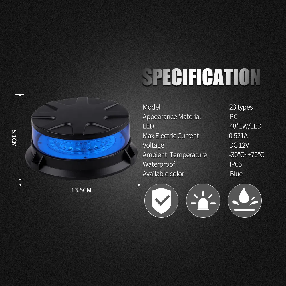 New LED Rotating Flashing Strobe Light Blue Emergency Fire Truck Warning Lamp 9-24V Indicator Magnetic Signal Beacon Lights For