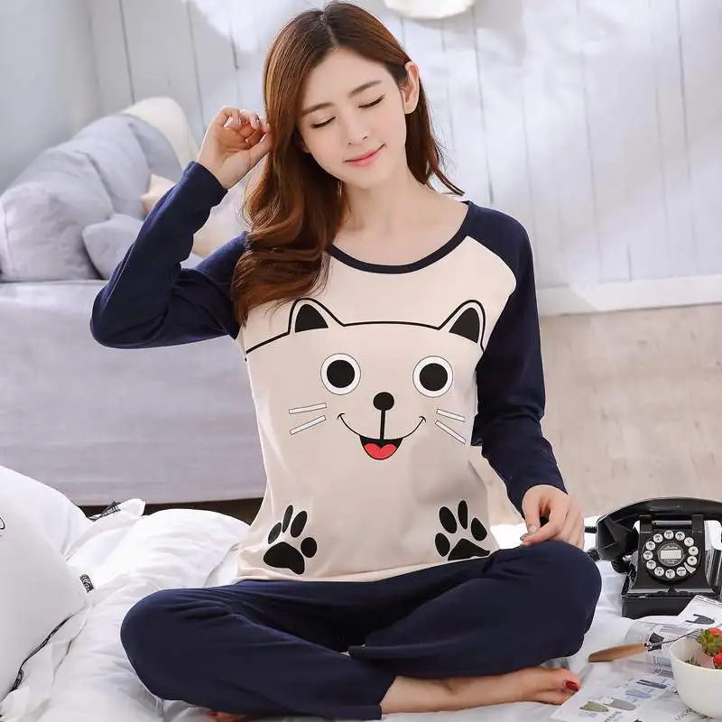 Autumn Thin 2pieces Pyjamas Set Women 2025 Cotton Round Neck Girls Bear Pajamas Sets Teacup Cat Full Sleepwear Tops Pajama Mujer