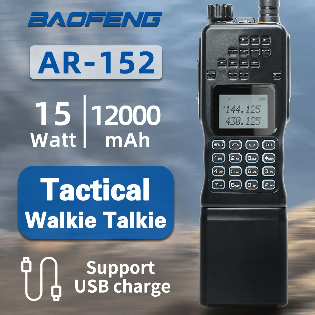 Baofeng AR-152 15W Walkie Talkie Dual Band Tri-Power Zwei-Wege-Radio 12000mAh Akku Taktischer Langstrecken-Transceiver für Reisen