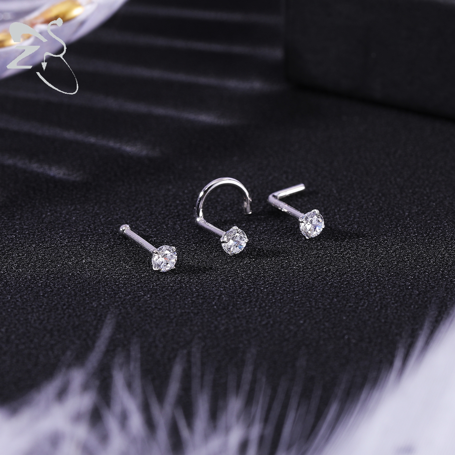 ZS 1PC 18/20G 925 เงินสเตอร์ลิงสตั๊ดจมูกทองสีคริสตัลเจาะจมูกสกรู L-Shape Retainer เจาะจมูก 2-3.5 มม.