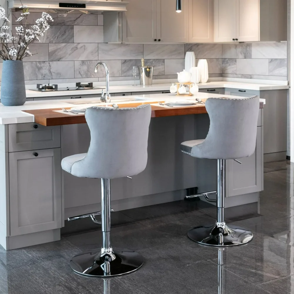 Swivel Velvet Bar Stools, Chrome Base Barstools Set of 2 with Tufted Backs, Upholstered Adjustable Seat for Pub, Kitchen Island