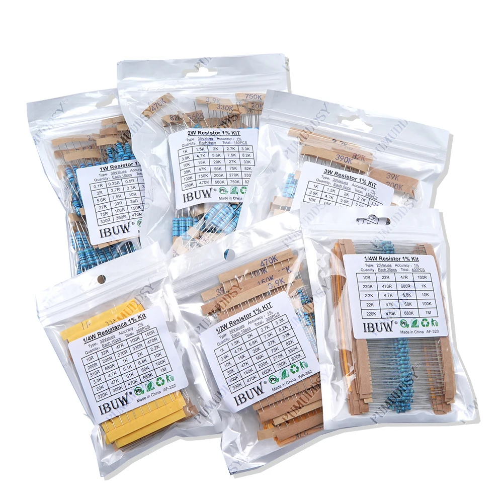 300 unids/set 30 tipos 1/4W 1/2W 1W 2W 3W resistencia 1% paquete de resistencias de película metálica Kit surtido 0.1R-750R 1K-820K resistencia 150 unids/set