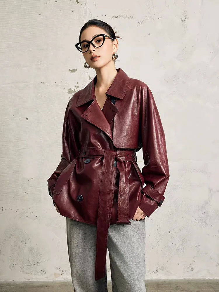 Veste en cuir véritable pour femmes, vêtements Chic, col sur mesure, manteau avec ceinture, surdimensionné, vêtements d'extérieur, Double boutonnage, nouvelle collection