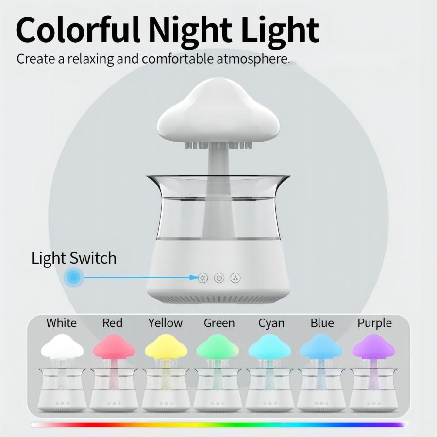 Nuvem chuva difusor umidificador, máquina de aromaterapia, ultra-sônica atomização, lâmpada colorida, arco-íris gota umidificação