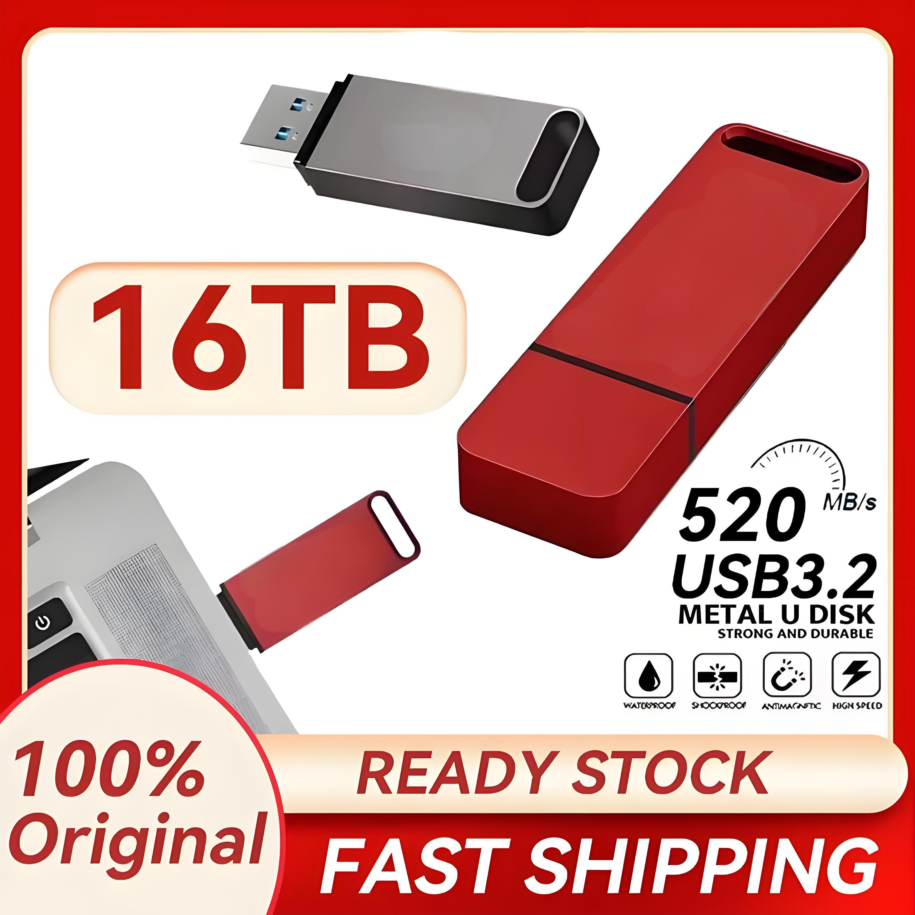 Unidad Flashde 16TB USB 3,2, transferencia de alta velocidad SSD, unidad de bolígrafo de Metal de alta capacidad, memoria portátil tipo C, unidad U resistente al agua