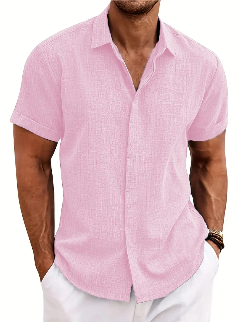 Camisa de manga corta para hombre, top informal de color liso con solapa y hebilla oculta, moda de playa, novedad de 2024