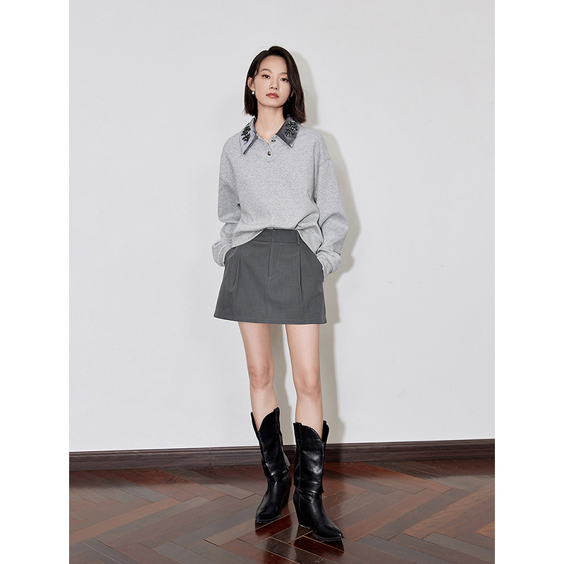 TOYOUTH เสื้อกันหนาวมีฮู้ดผู้หญิง 2024 ฤดูใบไม้ร่วงใหม่ลูกปัดเย็บปักถักร้อยเปิดลงปกเสื้อแขนยาวสีเทา