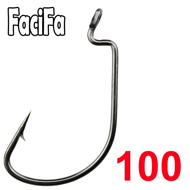 100 Uds. Anzuelos de pesca de gusano de espacio ancho, manivela de plantilla, anzuelo de lubina grande, manivela de acero negro con alto contenido de carbono, anzuelo de púas para señuelo de pesca suave