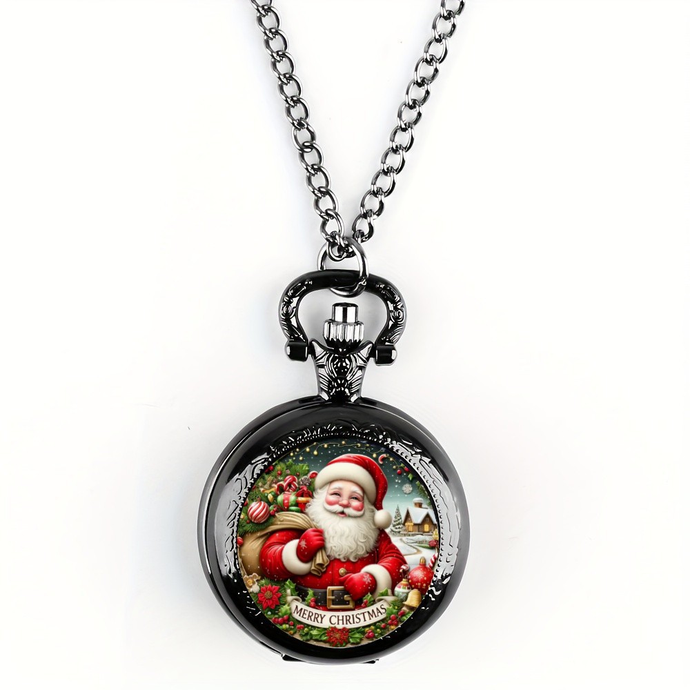Requintado mini szie preto redondo papai noel design relógio de bolso de quartzo, caixa de liga e pulseira, presente de natal perfeito para crianças e homens