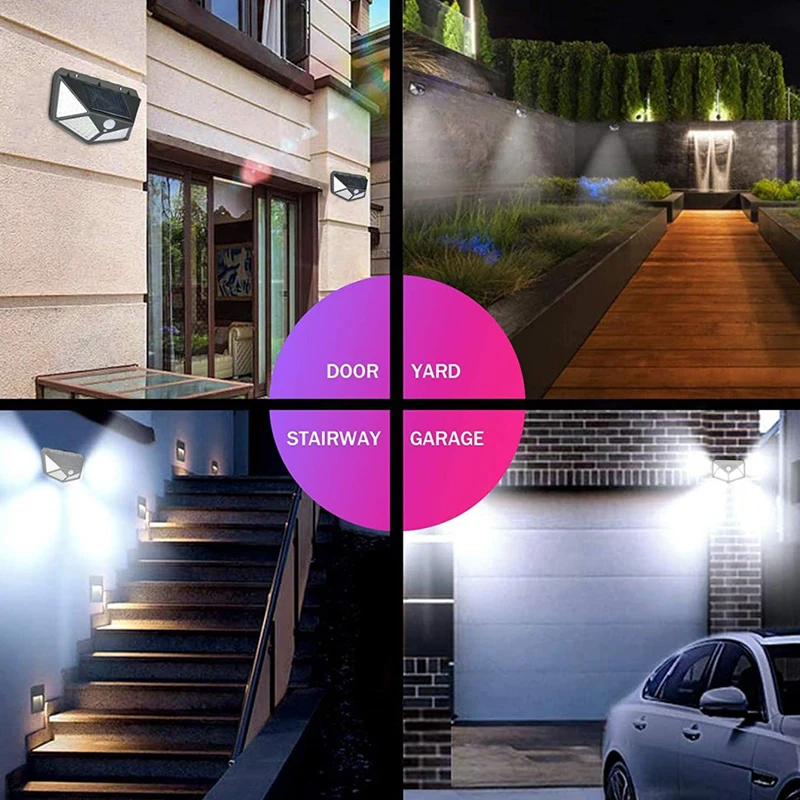 Luces solares para jardín al aire libre, luces de pared con Sensor corporal, cuatro lados, 100 LED recargables, iluminación para el hogar, farolas