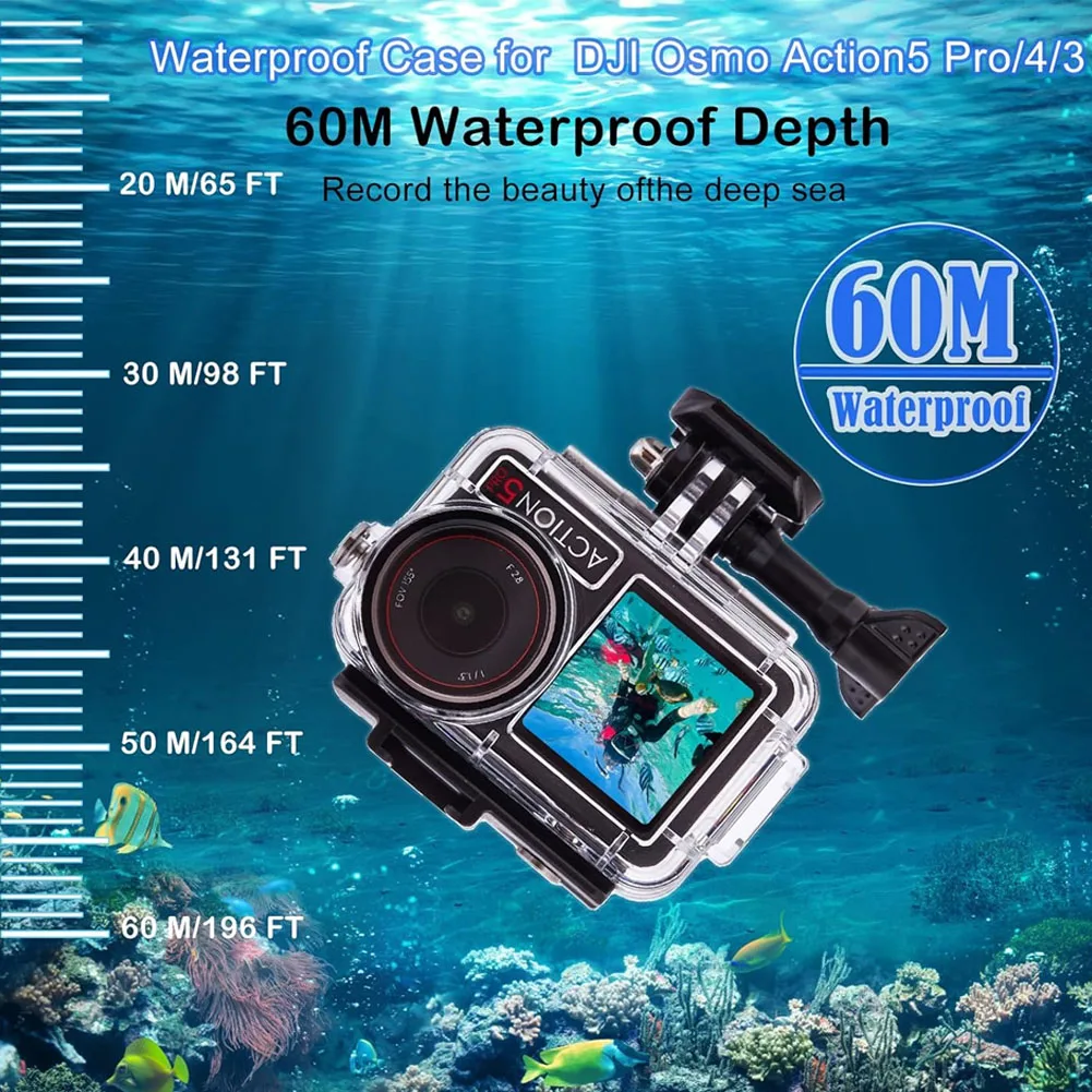 MYOBO For DJI Action 5 Pro Waterproof Case Diving Underwater 60M/196FT Protective House Shell for DJI Action 5 Pro 4 3 Accessory