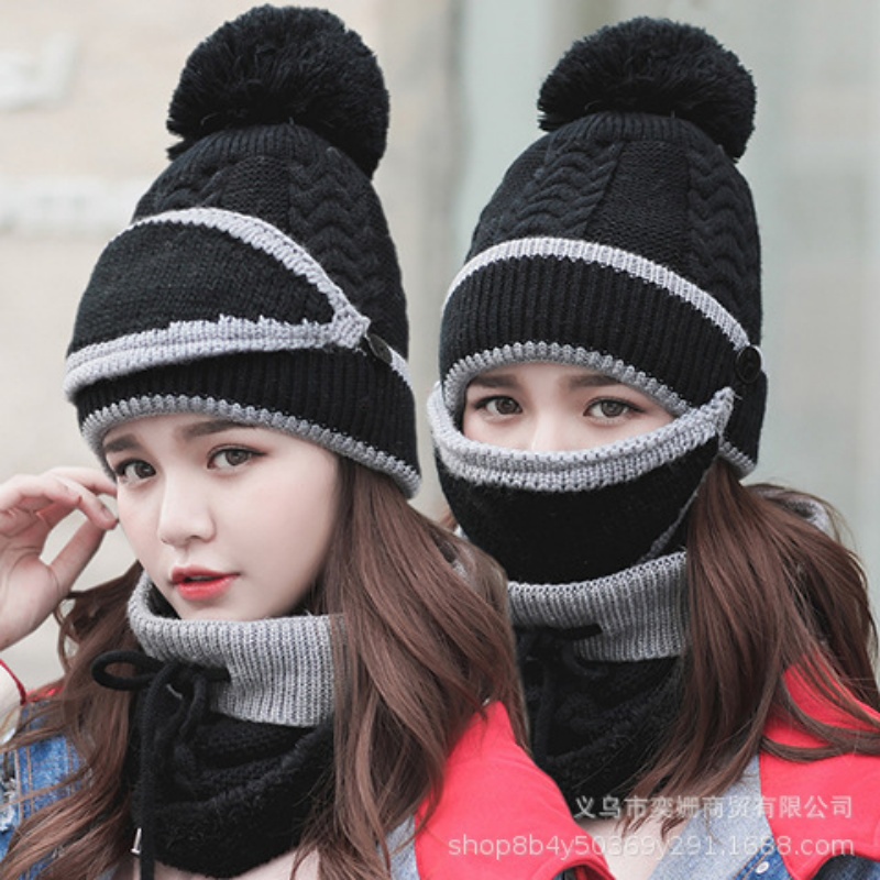 Gorro de hilo de lana para invierno, gorro de punto cálido, conjunto de cuello con máscara bonita y dulce, gorro de punto a rayas para mujer y niña, gorro de turbante bonito para Otoño e Invierno