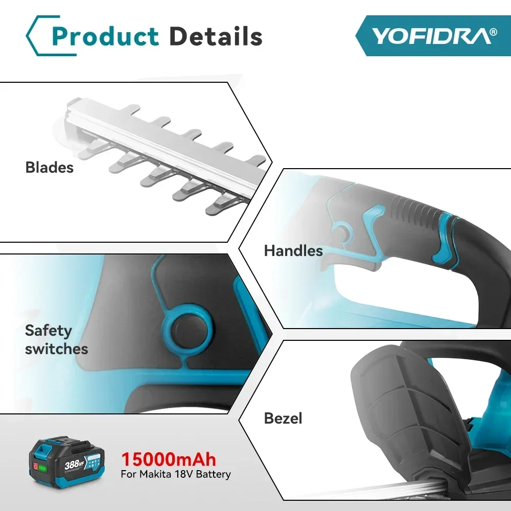 Cortasetos eléctrico YOFIDRA de 2000W, herramientas eléctricas de poda de arbustos de jardín recargables inalámbricas eficientes para batería Makita de 18V
