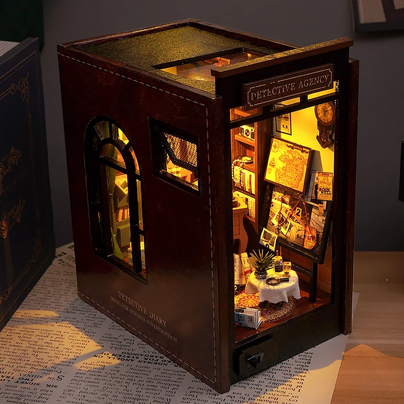 DIY ブックコーナーキット木製ドールハウス 3D パズル組立モデル構築ブックエンドおもちゃホーム本棚挿入装飾 LED ライト付き