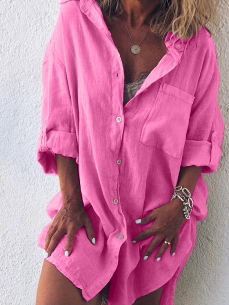 Novedad de verano para mujer, camisa de manga larga con botones de playa y bolsillo de lino y algodón a la moda, ropa informal y cómoda de talla grande para mujer