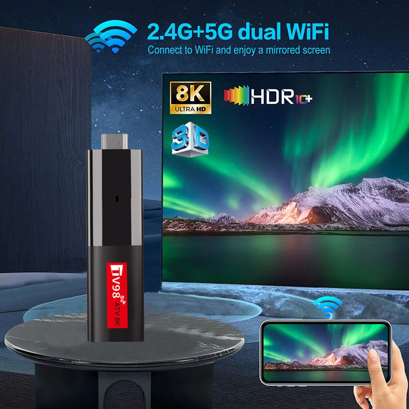 TV98 TV Stick Android 14 Smart ATV Поддержка 8K Видео 4K BT5.0 WiFi6 Allwinner H618 Четырехъядерный процессор Cortex A53 Голосовой пульт Smart TV Box