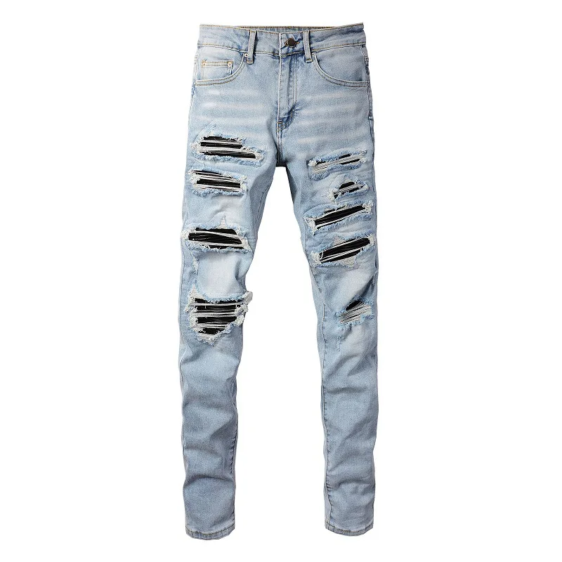Moda masculina jeans de rua alta com apliques, lixa à mão, rasgada, ajuste fino e emagrecimento jeans de marca da moda até o tornozelo