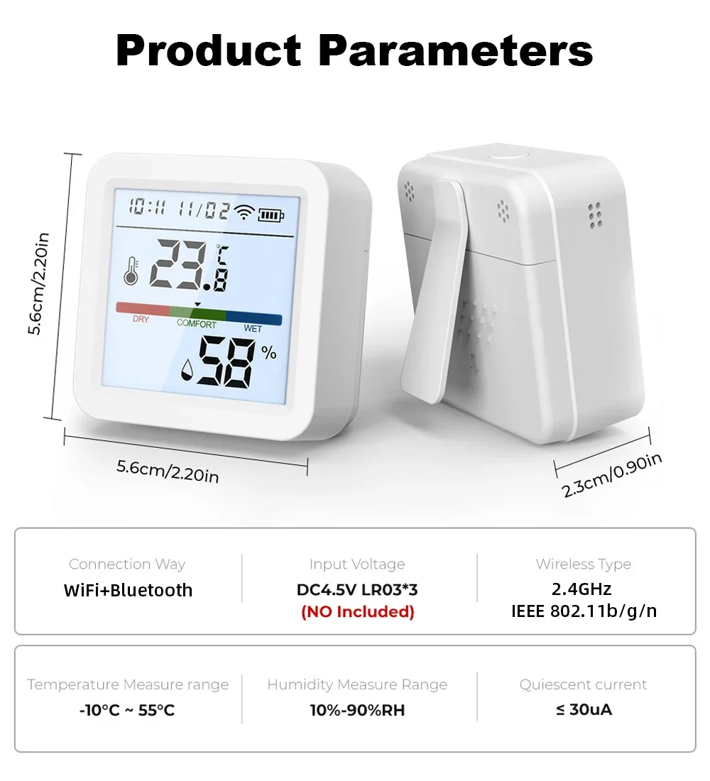 ONENUO Smart WIFI Temperature Humidity Sensor Hygrometer Thermometer Tuya Smart  APP Remote Moniter Support Alexa Assistant