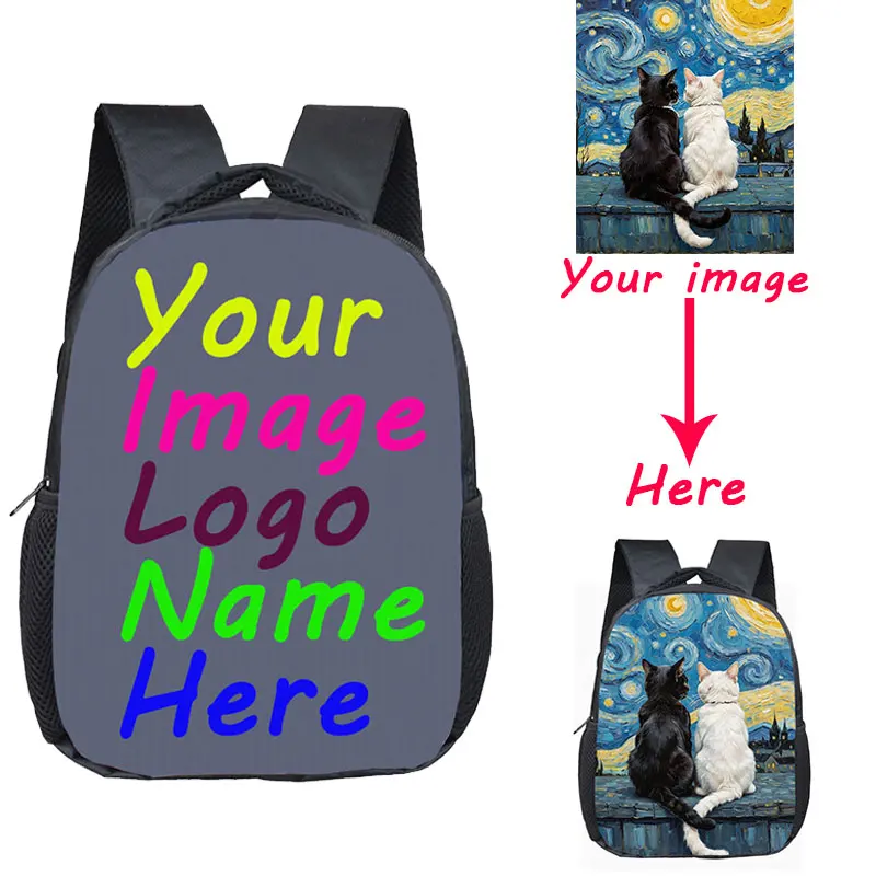 12 Inch Personalized Customize Your Logo Name Image Toddlers Backpack Cartoon Children BookBags Baby Daypack Kids Gift Bags