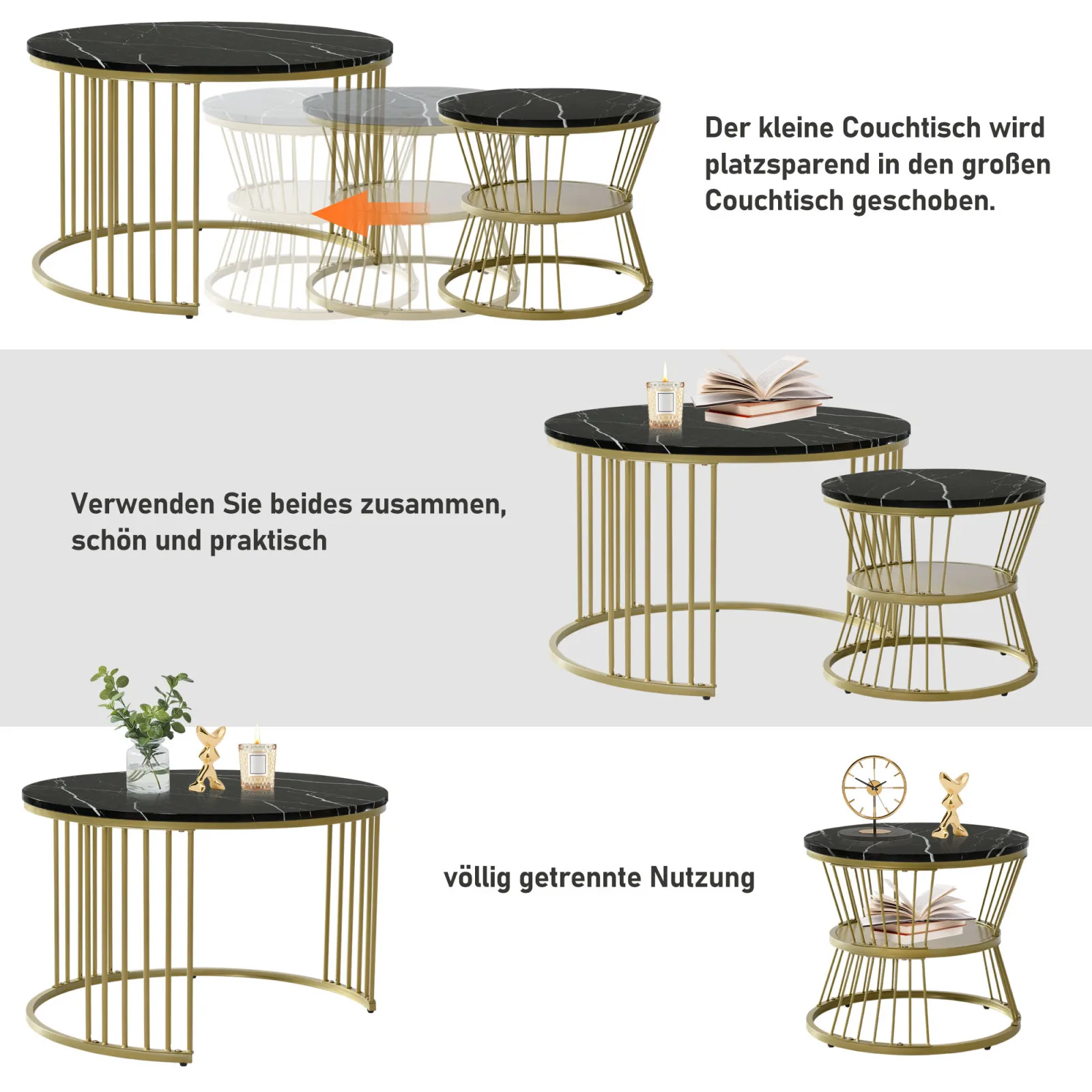 Table basse gigogne moderne, ensemble de table basse, côté canapé en placage de marbre, accent de tables, tables d'extrémité rondes, ensemble de 2, cadre doré