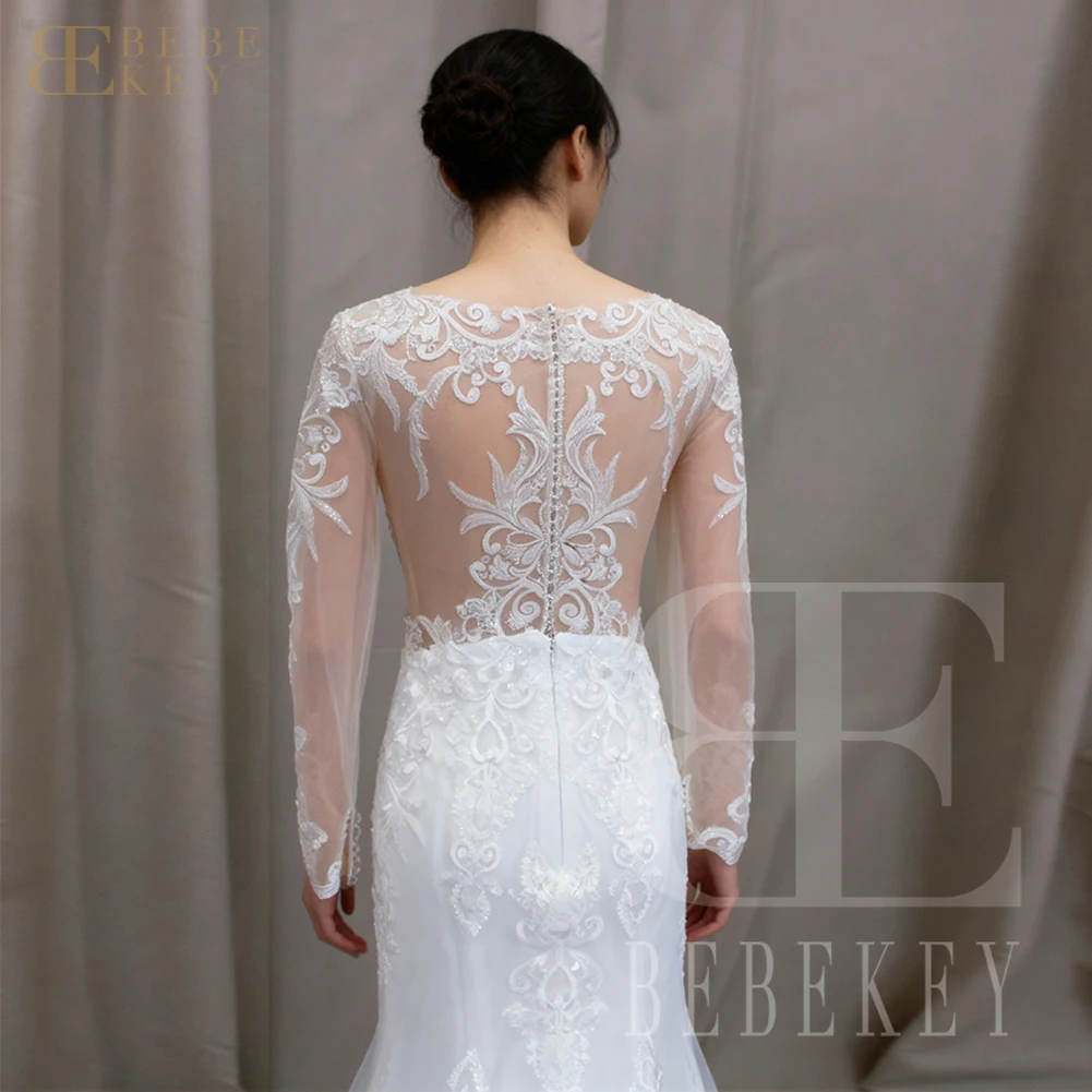BEBEKEY Langarm-Hochzeitskleid aus Spitze für Damen, U-Ausschnitt, Brautkleider mit Kapellenschleppe, Meerjungfrau-Hochzeitskleid