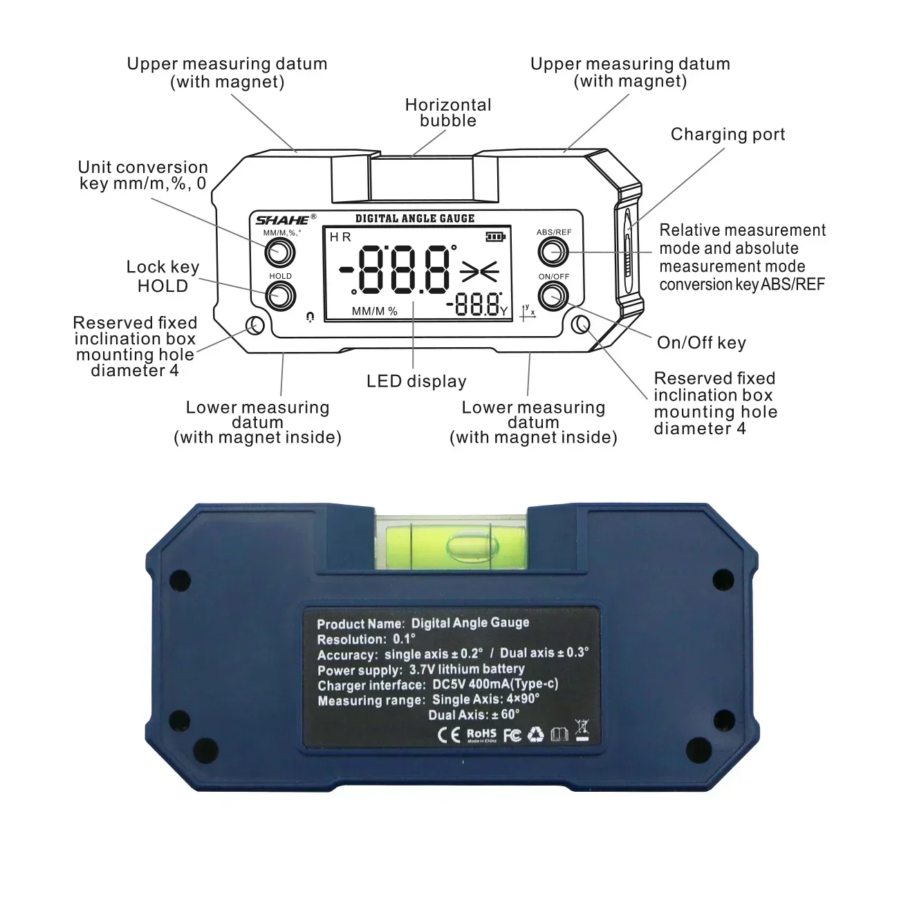 SHAHE Digital Angle Finder with Level Bubble Dual Axis Rechargable Digital Angle Gauge Magnetic Digital Level Box Protractor