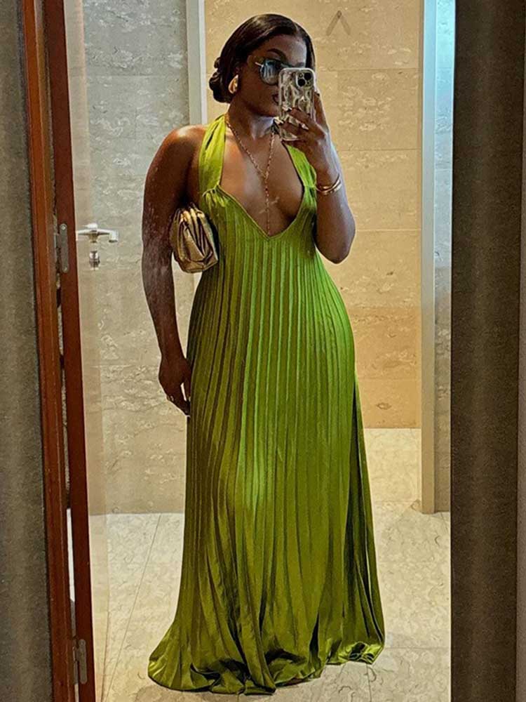 Grüne Abendkleider Frau Elegante Sexy Sommer Plissee Kleid Aushöhlen Dame Halter Neck Backless Kleid Großhandel Dropshipping