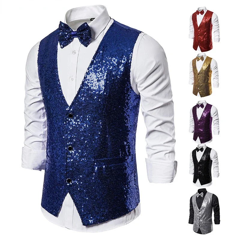 Luxuriöse Weste für Herren, V-Ausschnitt, schmaler, funkelnder Frack, solide, schlichte Weste, Fliege-Set, Hochzeit, Party, formelle ärmellose Jacke