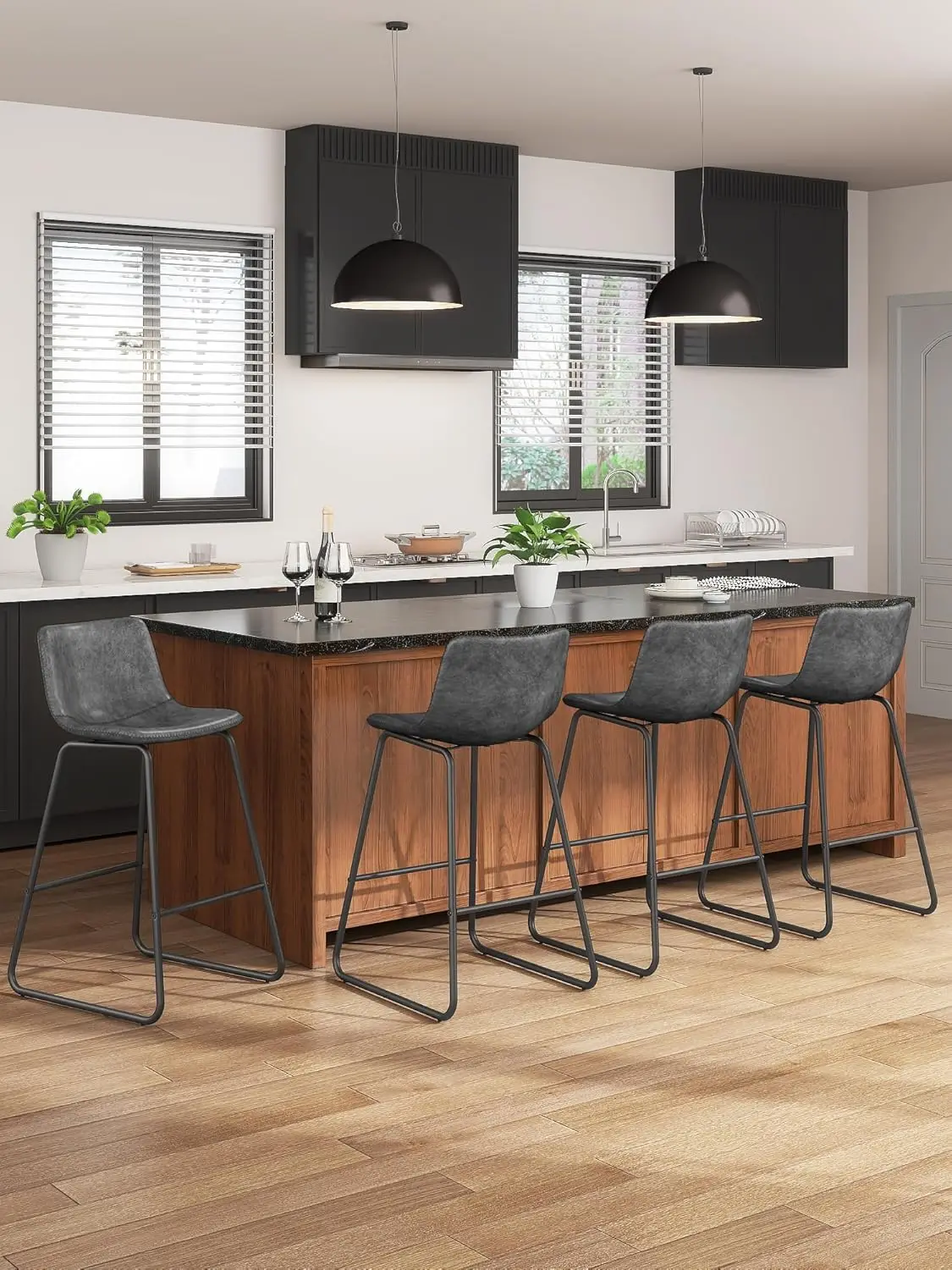 Bar Stools Set of 4, 26 Inches Counter Height Bar Stools with Back, Modern Faux Leather Barstools with Metal Legs and Footrest