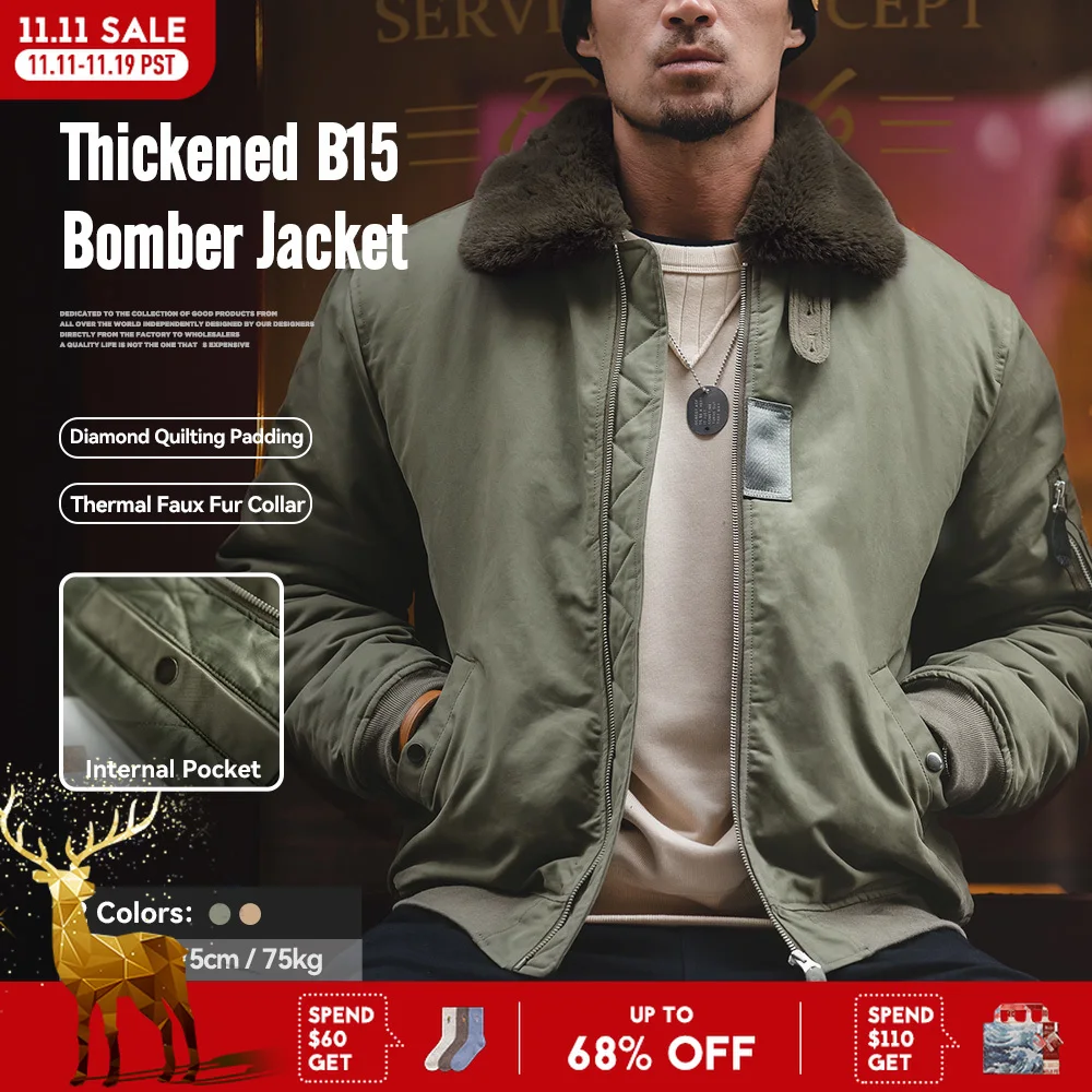 Maden Vintage B15 Bomber Jacket for Men Faux Rabbit Fur Lapel Signature Arm Pocket Winter Thickened Warm Windproof Coat Parkas