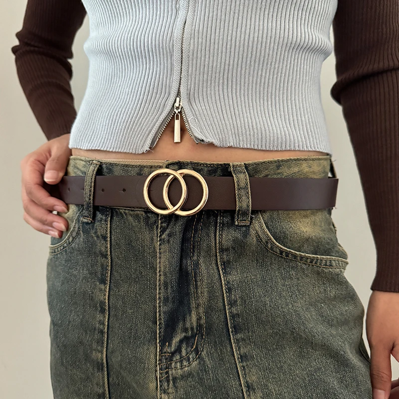 Moda feminina cinto de luxo dupla fivela redonda cinto simples e versátil cinto do plutônio para mulher com jeans terno para negócios diários