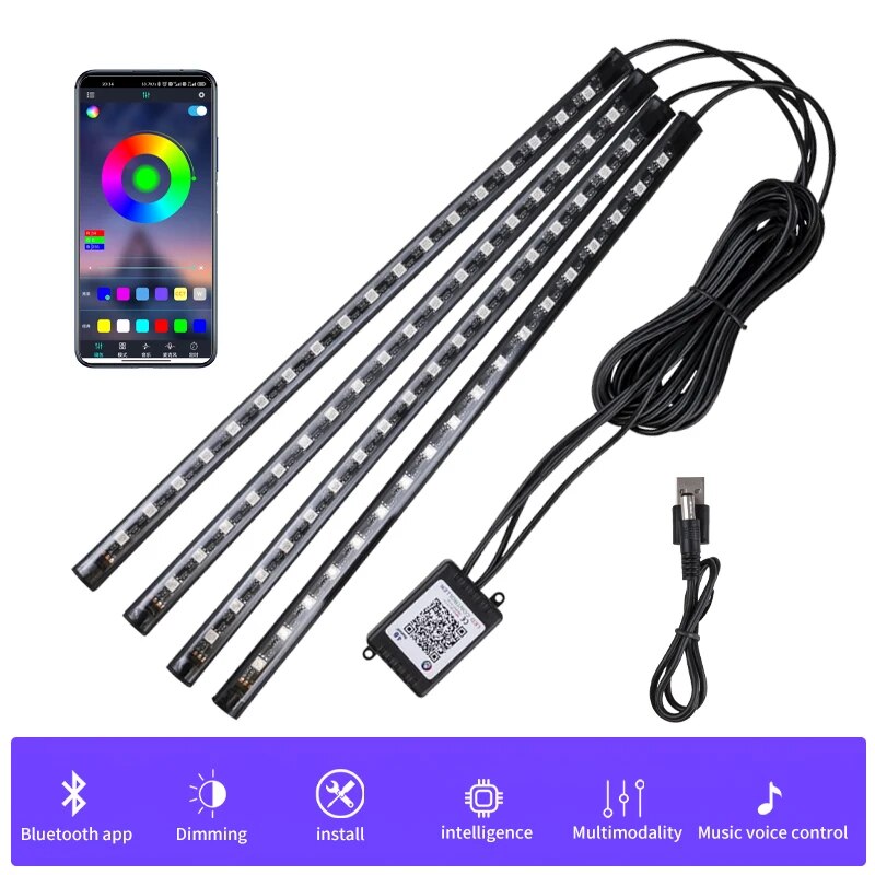 Lumière ambiante LED au pied de voiture avec USB, néon, éclairage d'ambiance, application de contrôle de la musique, RVB, intérieur automatique, lumière décorative, escales