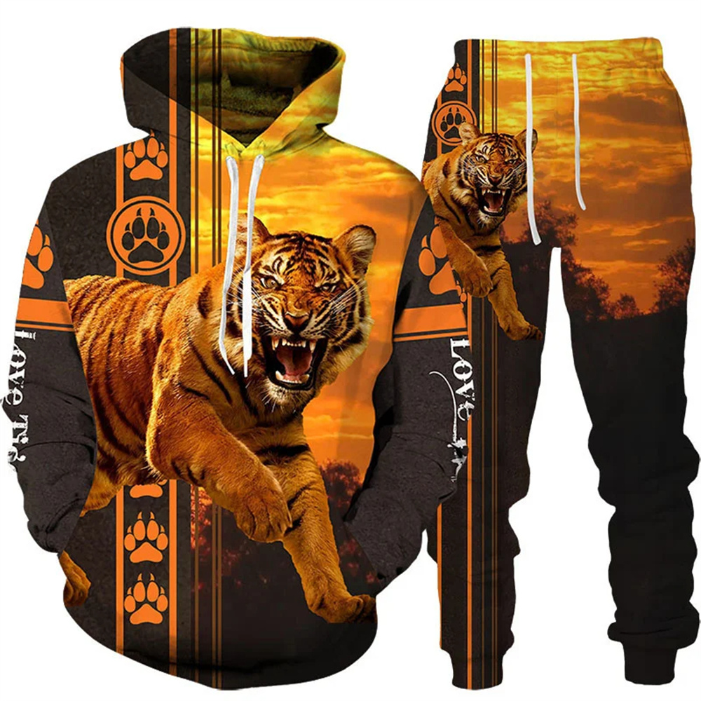 Trainingsanzug für Herren, Tier-3D-Tiger-bedruckt, Kapuzenpullover + Hosenanzug, 2-teilig, Sportbekleidung, Herren-Trainingsanzug-Set, Herrenbekleidung, Designer-Kleidung für Herren