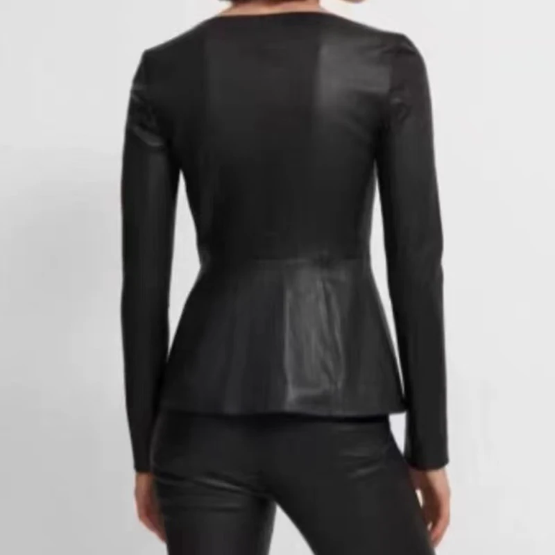 Cardigan de pele de carneiro genuíno para mulheres, jaqueta de couro stretch, roupas apertadas luxuosas, tops com gola em U, V Hem, couro genuíno, 2024
