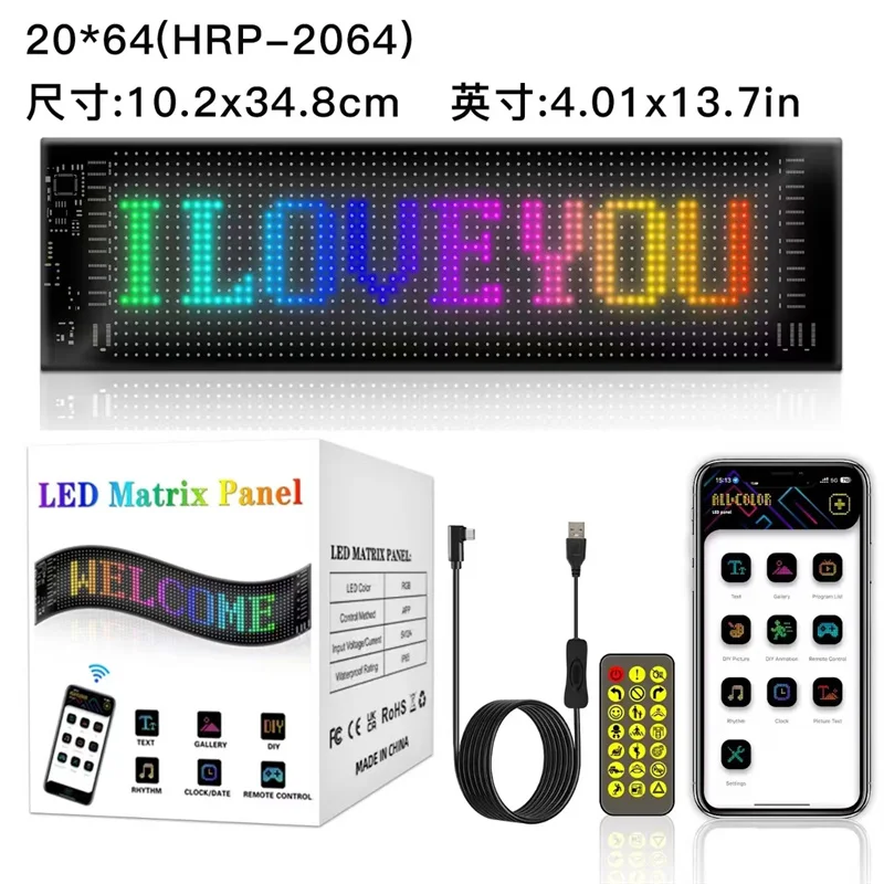 LED Sign for Car,Scrolling LED Sign Pixel Screen,Flexible LED RGB Matrix Panel,DIY Design Animations/Text/Graffiti(12x59.5cm)