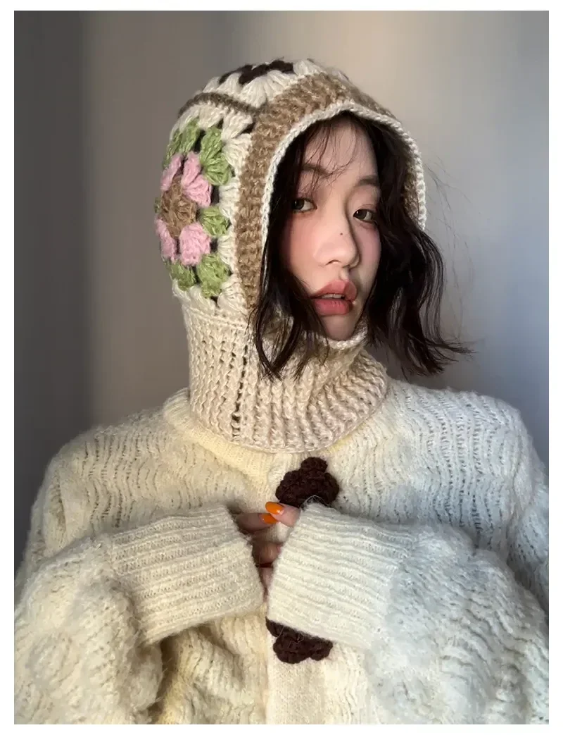Handmade Crochet Balaclava Hats for Women Autumn and Winter Wool Knitted Pullover Beanies Cap Neck Warmer Female Hooded Caps