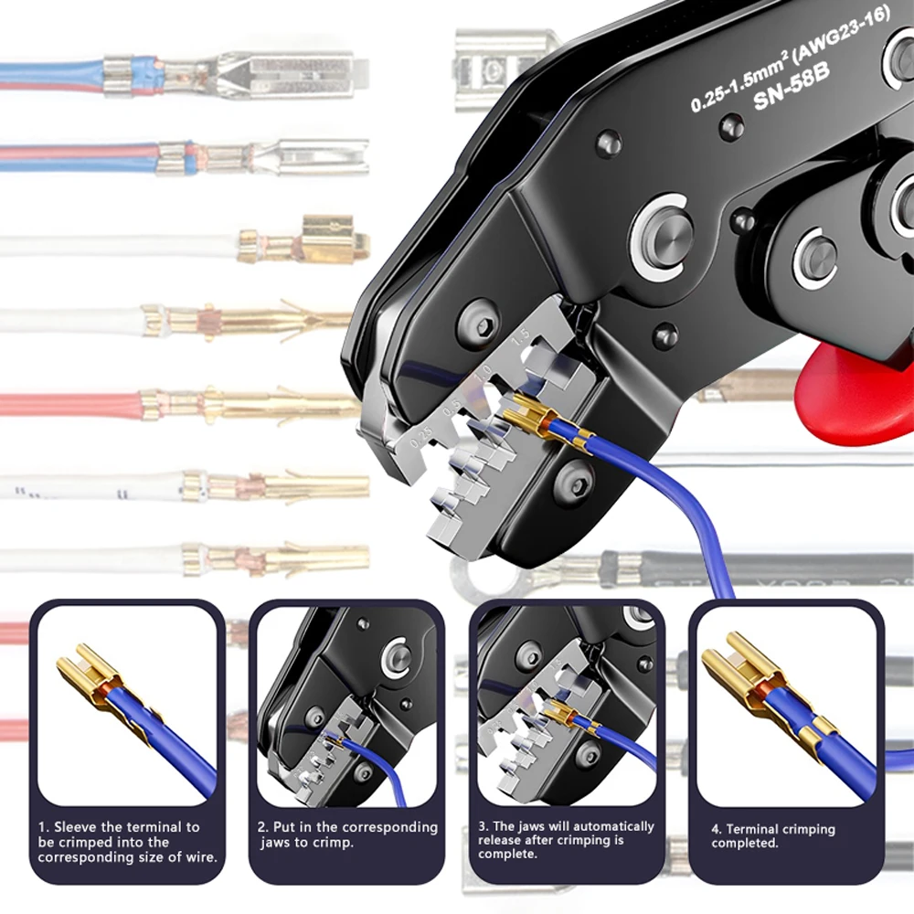 Non-insulated Open Barrel Crimping Tool SN-58B 23-16 AWG /0.25-1.5mm², Dupont Molex JST TE Terminals & EPC PCIE SATA Pins