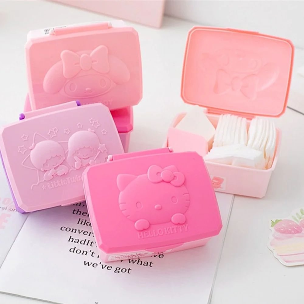 Sanrio Hello Kitty แบบพกพารูปสี่เหลี่ยมผืนผ้ากล่องเครื่องประดับ Melody ผ้าฝ้าย Swabs สําลีเครื่องประดับองค์กร Travel Girl ของขวัญ