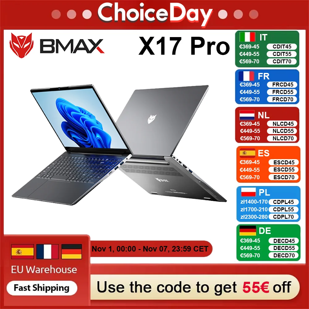 BMAX-laptop X17 Pro 15,6" Full HD 32 GB RAM 1 TB SSD AMD Ryzen 7 7730U Windows 11-gaming en zakelijk BT WiFi Type-C-notebook