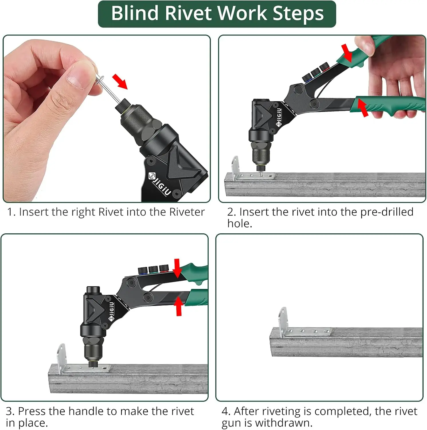 JiGiU 3-in-1 Rivet Nut Tool, Rivet Gun, Reamer Set, 360° Swivel Head, 4 Mandrels, 40 Rivets, 40 Nuts, Carrying Case.