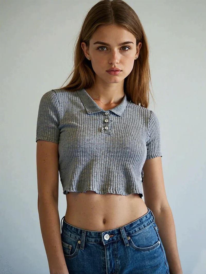 ผู้หญิงถักโปโลคอ Cropped เสื้อฤดูร้อนแขนสั้นอ่อนเยาว์สีทึบ Crop Top หญิง Basic เสื้อ Lady Pullover
