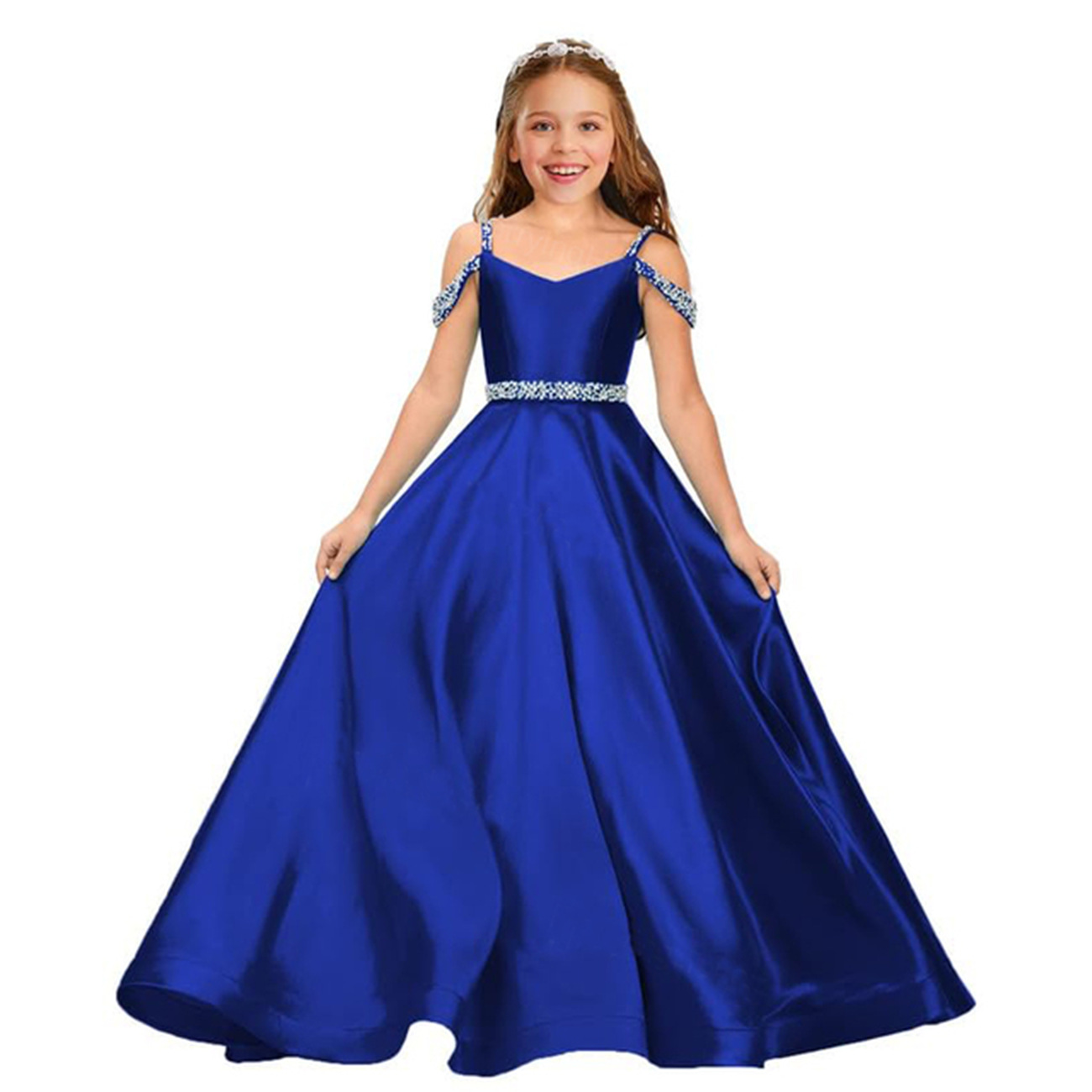 Elegante Satin-Kleider für Hochzeiten, lang, mit Perlen verziert, schulterfrei, Geburtstag, Blumenmädchenkleid, formelle Abendkleider für Mädchen