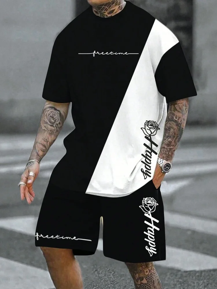 Retro-bedrucktes Herren-T-Shirt und Shorts-Set, Sommertrend, täglicher urbaner Street-Style, zweiteiliges Rundhals-bequemes Outfit für Männer