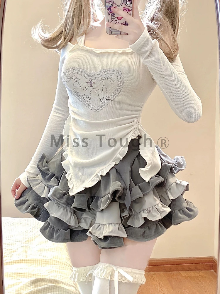 Conjunto de dos piezas Kawaii japonés de otoño para mujer, traje de falda bonito con estampado de conejo dulce, Tops ajustados coreanos + falda de pastel de princesa 2024