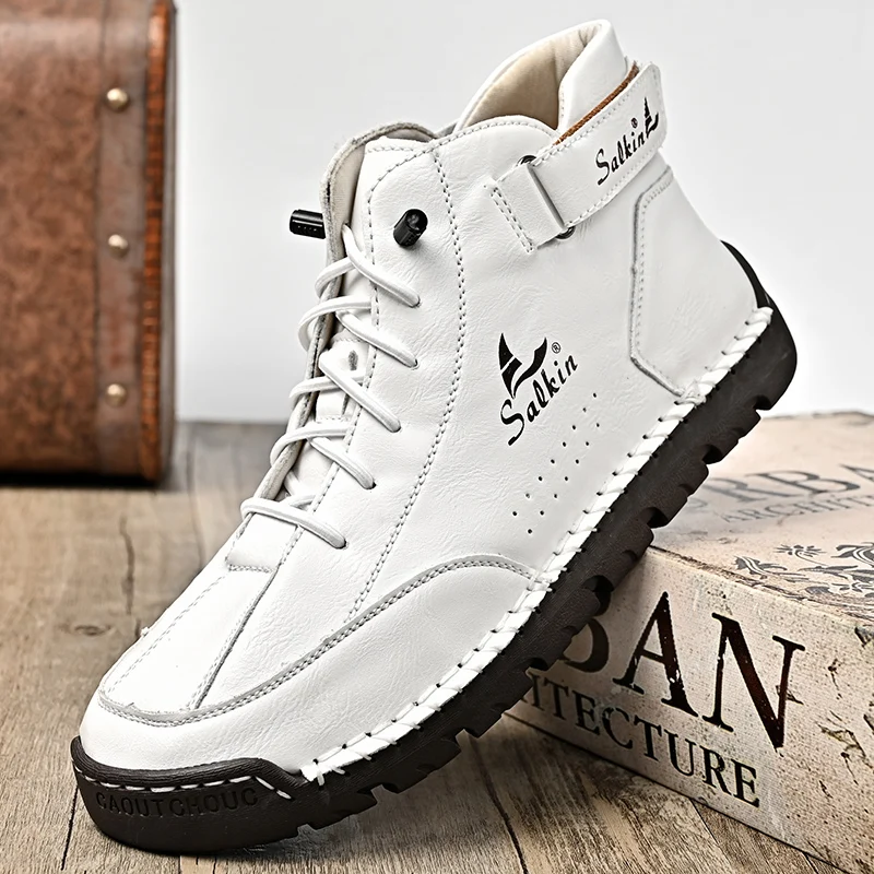 Botas de cuero hechas a mano para hombre, zapatillas de deporte de diseño, zapatos de cuero informales transpirables, botines para hombre, barcos al aire libre, otoño 2024