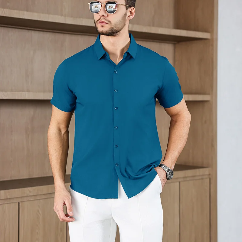 New Men's Business Casual Solid Color Short Sleeved Shirt for Summer Fashion No Ironing Comfortable and Versatile Top
